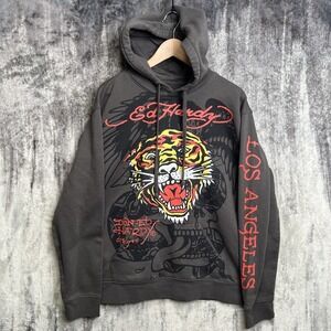Y2K Ed Hardy Mens Retro Tiger Fleece Hoodie Dark Gray Red Size Large